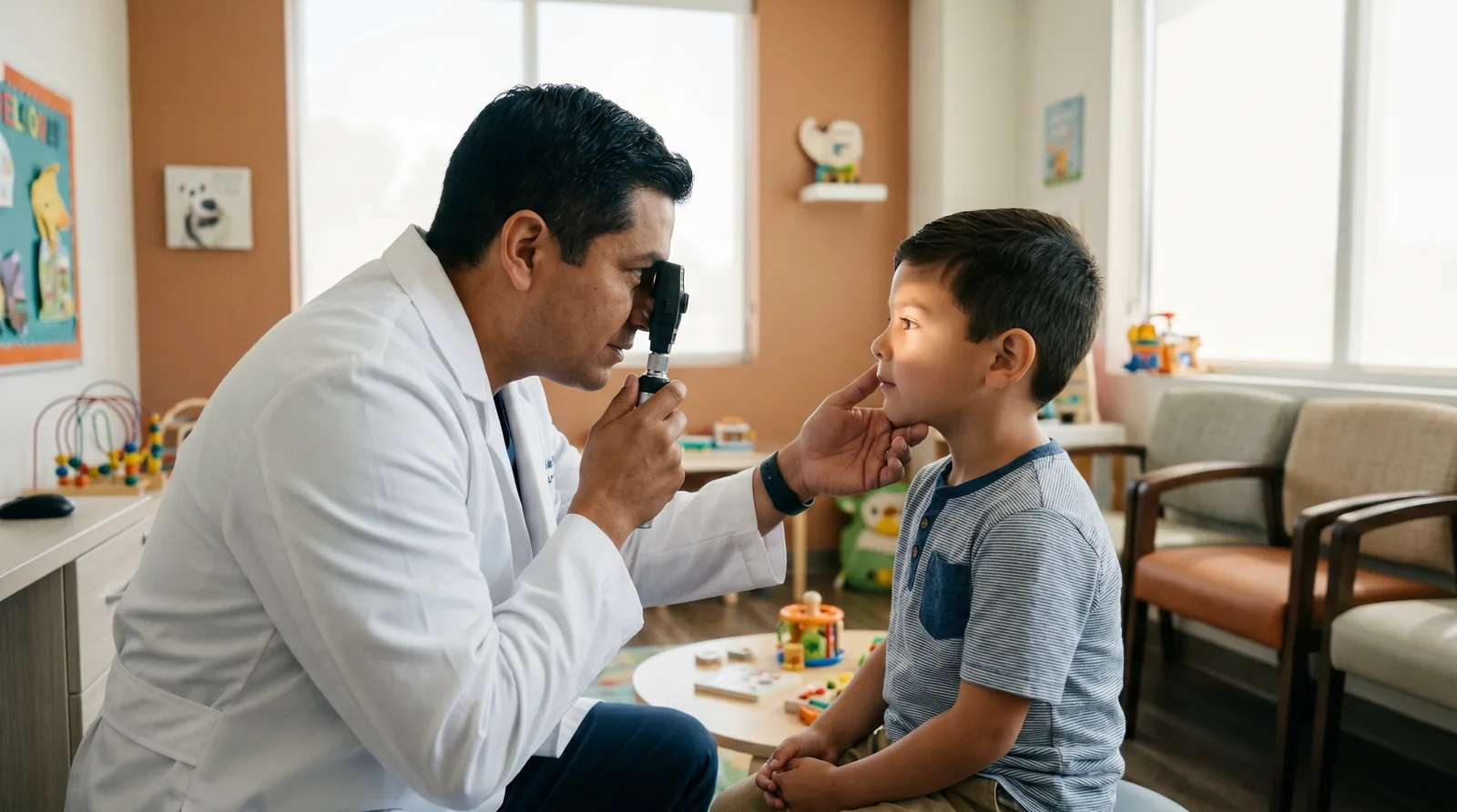 Oftalmólogo realizando un examen de la vista a un niño en consulta pediátrica