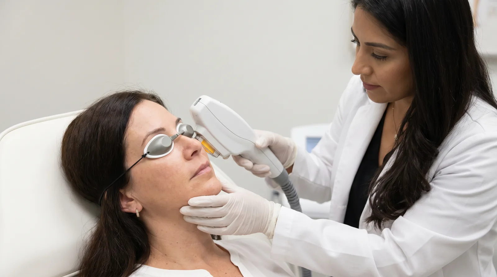 Paciente recibiendo tratamiento de luz pulsada para el ojo seco en consulta