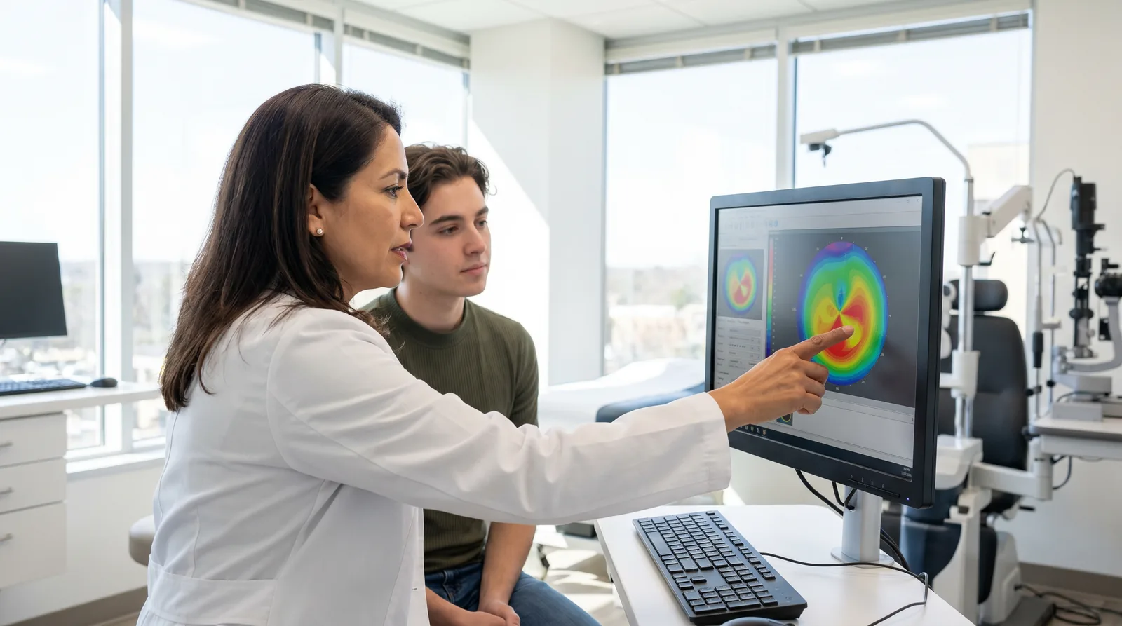 Oftalmóloga mostrando un mapa de topografía corneal para diagnosticar queratocono