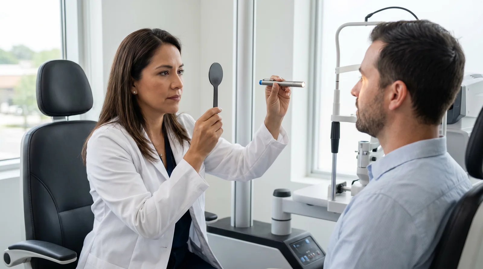 Oftalmóloga evaluando los movimientos oculares de un paciente con visión doble
